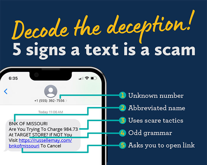 Sample scam text is shown: BNK OF MISSOURI Are you Trying To Charge 984.73 At TARGET STORE? If NOT You Visit https://russellemay.com/bnkofmissouri To Cancel