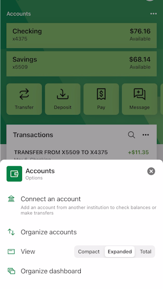 screenshot from the app showing the three dots to click next to Accounts and how the Organize Accounts tile allows for compact, expanded and total view